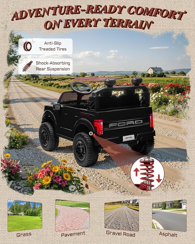 First Ride On 24V Ride on Toys for Big Kids, Licensed Ford F-150 Raptor 2 Seater Kids Ride on Car w/Remote Control, Toddler Electric Car w/LED Lights, Bluetooth, Truck Bed Storage, Soft Start (Black)