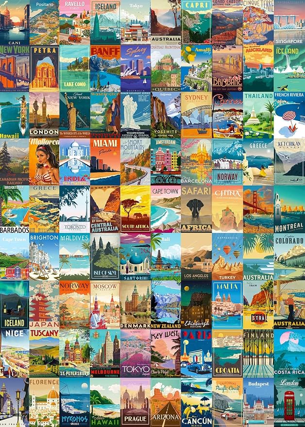 Puzzles for Adults 1000 Pieces Vintage World Travel, Jigsaw Puzzles Landscape Poster Puzzle Landmarks, 1000 Piece Scenic Jigsaw Puzzles for Adults 90 Scenics World Scenery