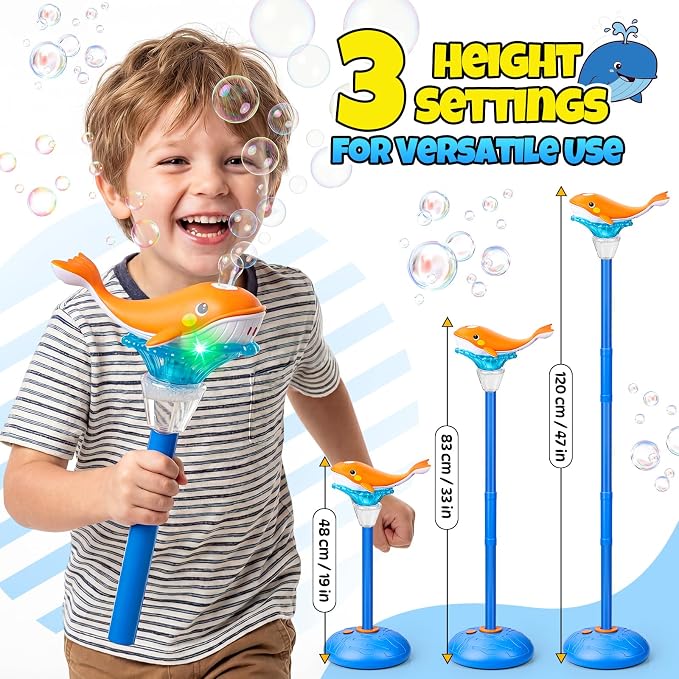 Standing Bubble Machine for Kids Outdoor, Whale Bubble Torch with Light Lamp Music, 47" Adjustable Height Automatic Bubble Blower Maker Fountain Tower, Stand Up Outside Bouncer Handheld Lanterns Toys