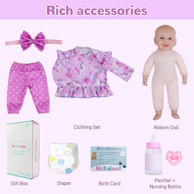 Milidool Baby Dolls - 17Inch Cute Realistic Baby Doll Poseable Smiling Real Life Baby Dolls with Complete Accessories for 3+ Years Old Gifts