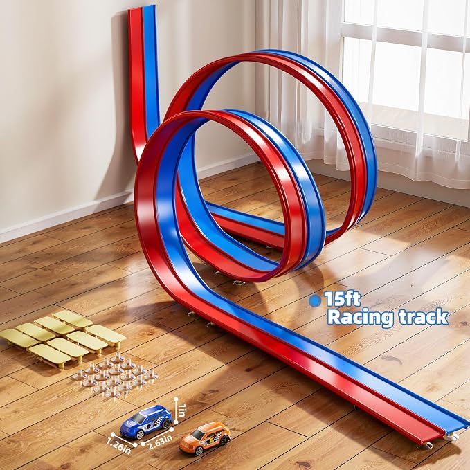 15 Ft Flexible Race Track Set for Kids 3 4 5 6 7 8 Years Old, Race Car Ramp Track with 2 Small Cars, Portable Car Track for Toddlers 3-8, Birthday Gifts for Boys Girls Ages 3+