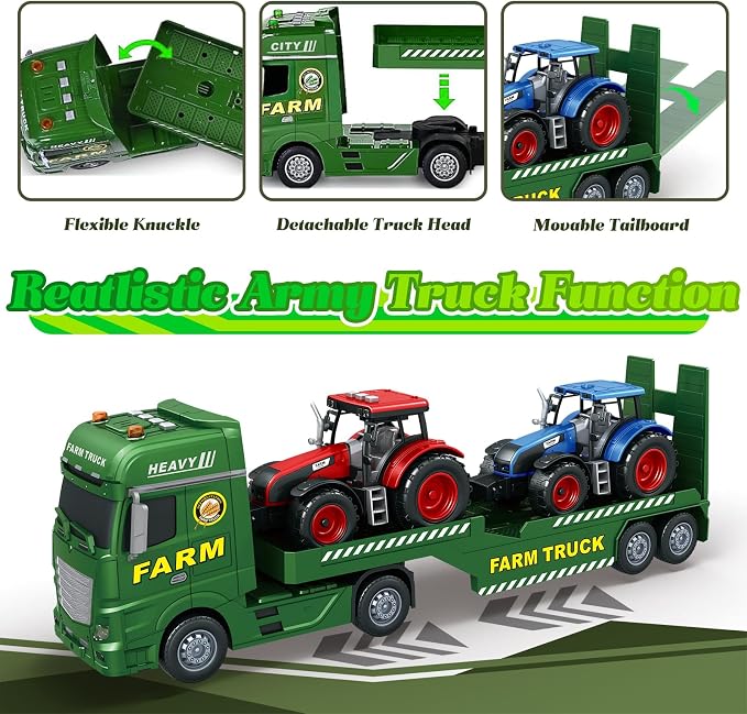 3-in-1 Farm Truck Toys for Kids Ages 3-6 – 25.6 Inch Extra-Large Inertia Semi Trailer with Lights & Sounds, Detachable Tractor and Light & Sound Farm Vehicle