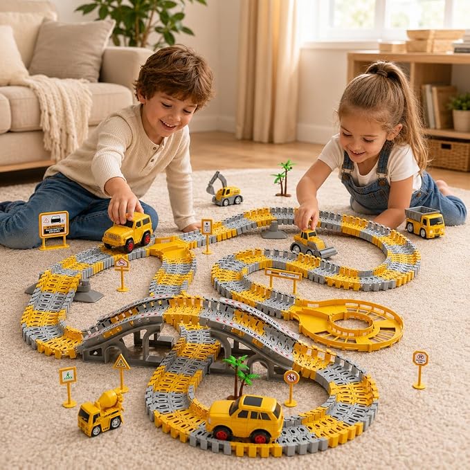 Kids Flexible Construction Race Track Set for Boys 3-5, STEM Building Toys with 2Race Cars & 4 Engineering Vehicles (Excavator, Cement Truck), DIY Car Tracks Birthday Gifts for Toddlers Ages 4-6 Years