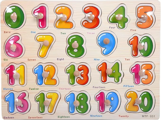 Numbers Puzzle Wooden for Toddlers 3+ Years Old - 123 Figure Learning Toys with Board & Number Blocks, Preschool Education for Girls and Boys, Large Montessori Style, 0-20 Numbers, Educational Toy