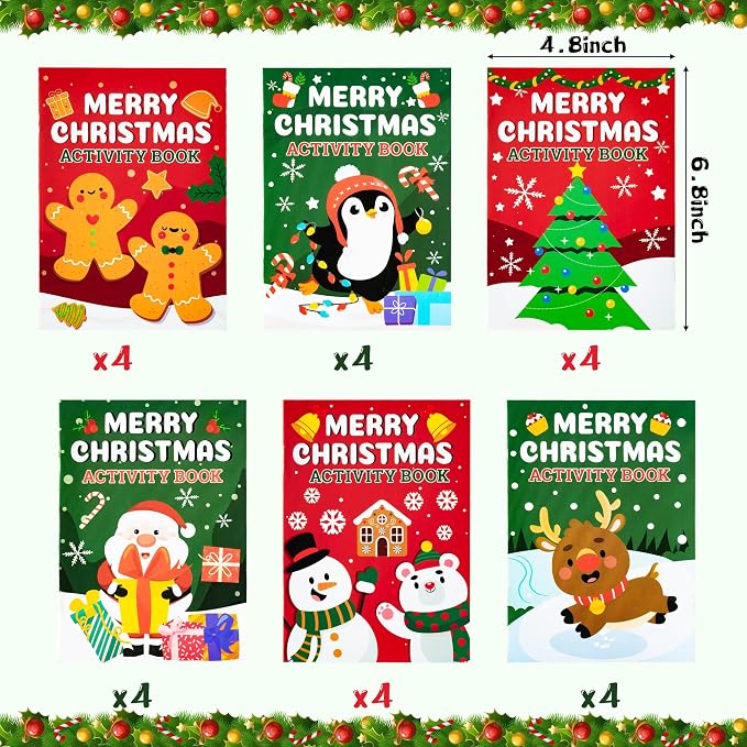 Dvbonike 24Pcs Christmas Activity Books for Kids Bulk Merry Christmas Mini Fun Games Coloring Book Santa Snowman Reindeer Party Favors Goodie Bags Stuffers Birthday Classroom School Rewards Supplies