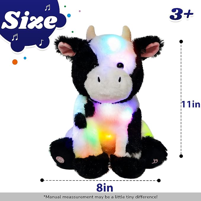 Light-up Singing Plush Cow LED Musical Stuffed Animal Adjustable Volume Lullaby Plushies Birthday Christmas Toy Gifts for Kids Toddler Girls, 13"