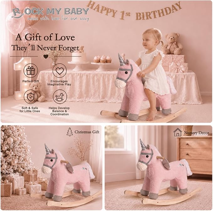 Rock My Baby Rocking Horse, Pink Unicorn/Pony Animal Rocker with Realistic Sound Plush Stuffed Rocking Horses for Toddlers 18M+, CPC Certified