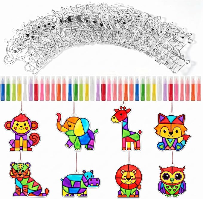 Blueweenly 36 Pcs Jungle Animal Suncatcher Kits 24 Pcs Jungle Animals Suncatchers Painting Crafts 12 Colored Paints Suncatcher Decoration Window Paint Art Sun Catchers Gift Art Project