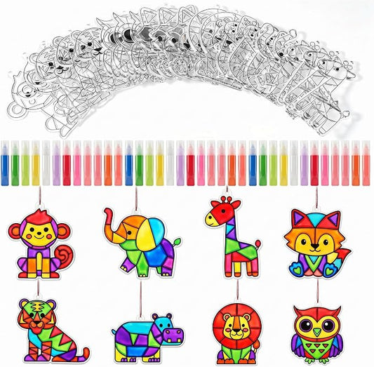Blueweenly 36 Pcs Jungle Animal Suncatcher Kits 24 Pcs Jungle Animals Suncatchers Painting Crafts 12 Colored Paints Suncatcher Decoration Window Paint Art Sun Catchers Gift Art Project