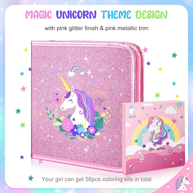 MAIGOZON Unicorn Art Supplies for Girls Ages 4-8 - 56 PCS Coloring Kit with Scented Markers, Gel Pens & Glitter Pencil Case, Kids Drawing Set Birthday Holiday Gifts for Girls 6 7 8