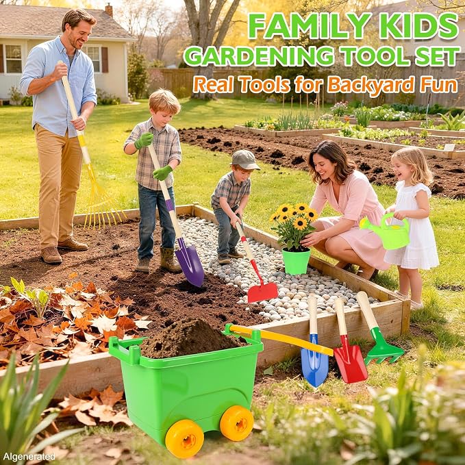 FHOZGECY Kids Gardening Set with Wheelbarrow, Metal Gardening Tools with Apron, Gloves, Watering Can, Repotting Mat, Flower Pots, Outdoor Backyard Play Learning Toys for Boys Girls Ages 3-8