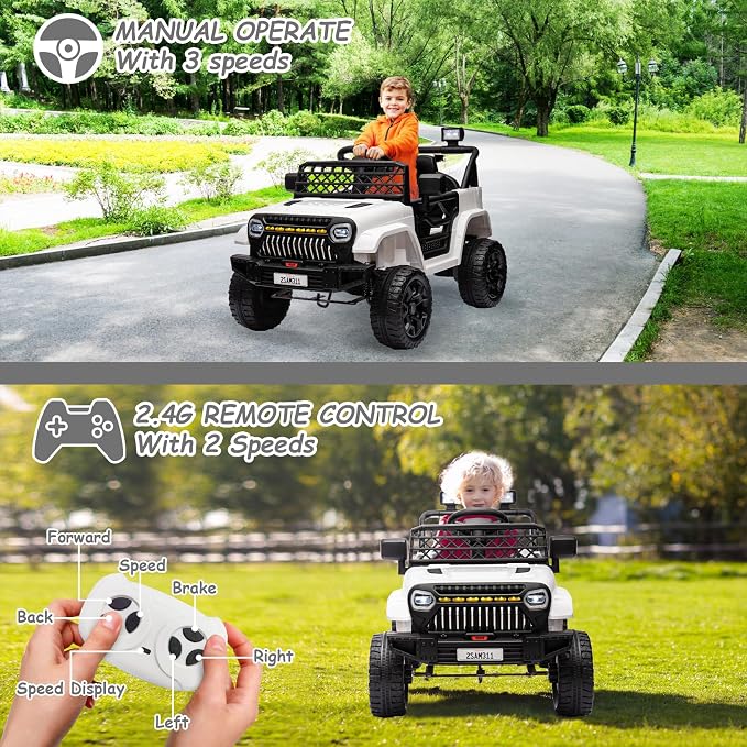 GarveeLife 12V Kids Ride On Truck Electric Vehicle Battery Powered Car Toddlers Ride On Toy for Boys Girls with Remote Control, 4-Wheel Suspension, Battery Display, LED Lights, Music, White