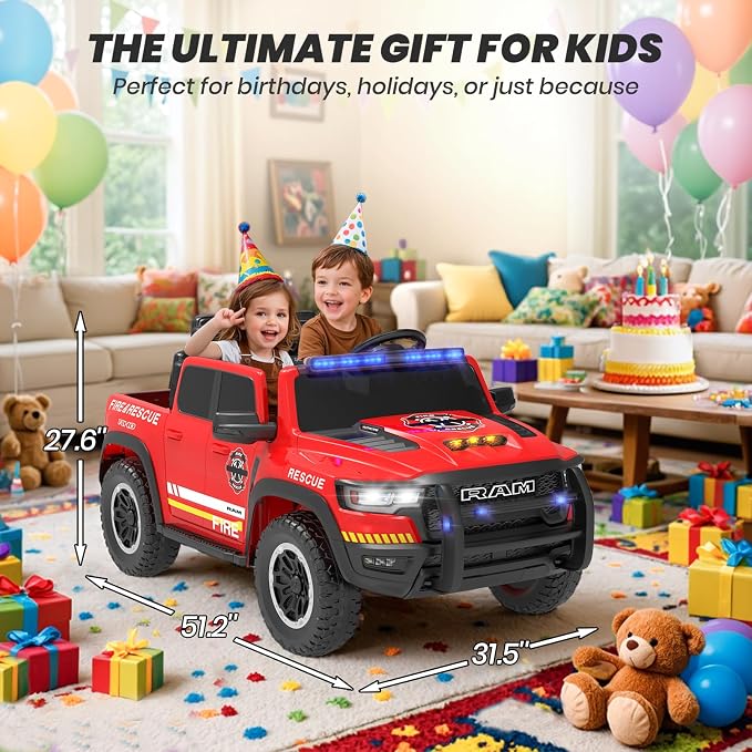 24V Ride On Fire Truck with Remote Control, 2 Seater RAM 1500 Electric Fire Engine for Kids, LED Lights, Siren & Megaphone, Slow Start, 3 Speeds, Spring Suspension, Battery Powered Ride On Car