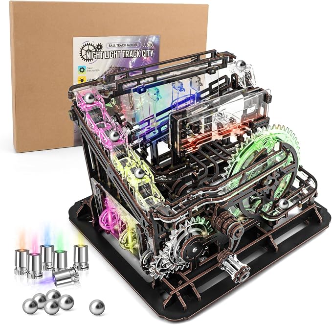 OWNONE 1 3D Wooden Puzzle Marble Run with LED Lights, Wooden Model Building Kits for Adults, Wood Mechanical Puzzle Building Set, Office Desk Decor Gift for Men Adults (312 PCS)