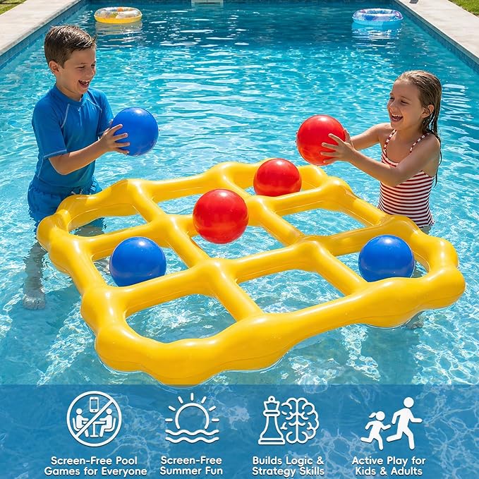 Tic-Tac-Toe Pool Toys Game Set, Giant Inflatable Floating Board Set with 10 Balls, Pool Toys Party Game for Kids Adults Teens, Summer Water Party Backyard Beach Yard Field Day Outdoor Activities