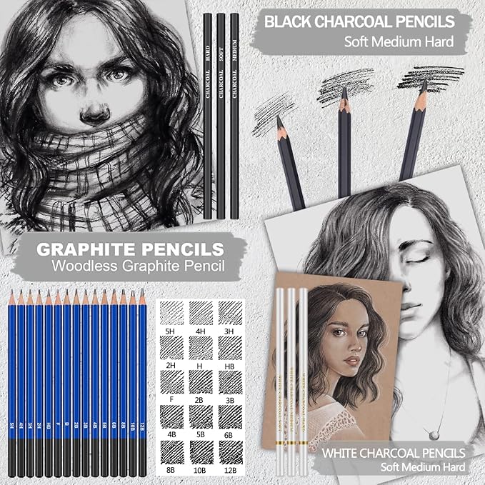 PANDAFLY 80 Drawing Set Sketching Kit, Art Supplies with 3-Color Sketchbook & Watercolor Paper, Include Tutorial, Colored, Graphite, Charcoal, Watercolor & Metallic Pencil, for Beginners & Pro Artists