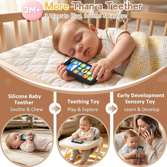 Baby Teething Toys Silicone Baby Phone Teether Over 3 Months - Sensory Chew Toys Baby Teether for Teething Relief - BPA Free Infant Toys Baby Shower Gifts (1, Black)