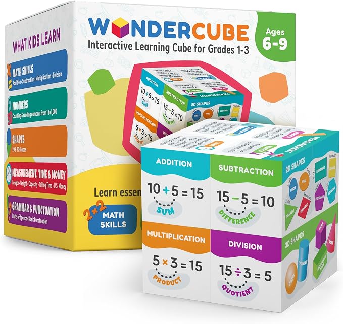 WonderCube – Smart Learning Cube for Grades 1–3, Math Games, Multiplication Chart, Telling Time, Homeschool Essentials Supplies, Classroom Must Haves, Gift for Boys & Girls Ages 6–9