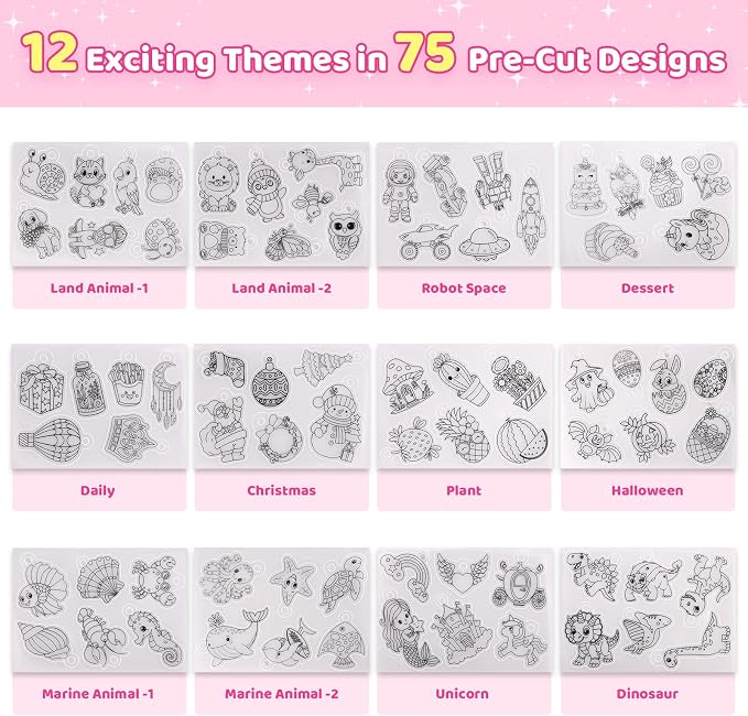 201pcs Shrink Paper Keychain Kit, 24 Blank & 12 Pre-Cut Sheets (75 Patterns) Crafts Kits for Kids Adults, Shrinking Art Activity Set with Hole Punch & Keychain Jewelry Accessories for DIY Crafts