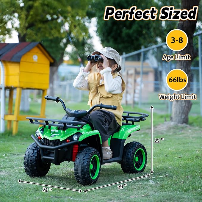 TOBBI 24V Kids Electric Ride On ATV, Battery-Powered 4 Wheels Ride On Car with Storage Basket, Three-Speed, LED Light, Music, Ride On Toy for Kids 3-8 Years-Green