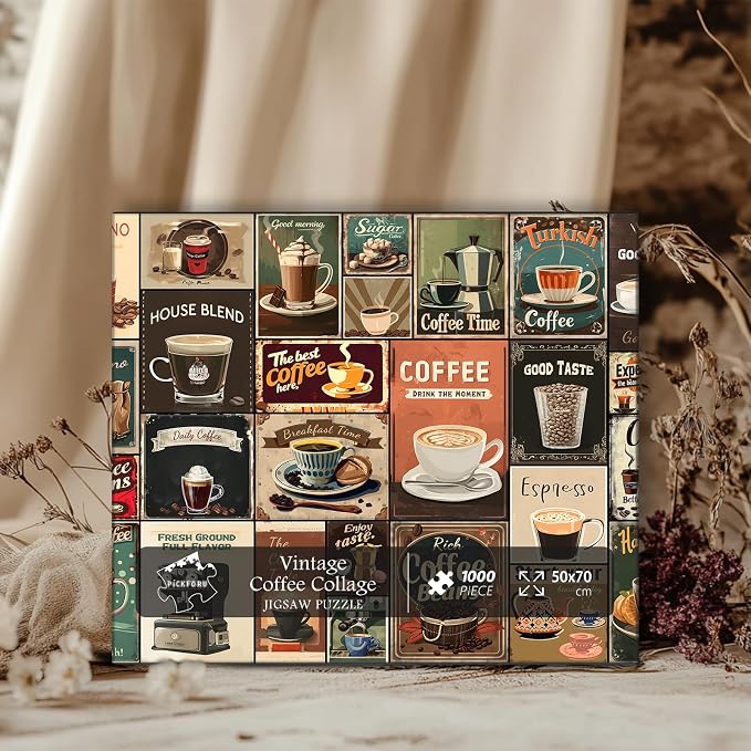Vintage Coffee Collage Puzzles for Adults 1000 Pieces, PICKFORU Breakfast Food Jigsaw Puzzle Coffee Latte, Hard Difficult Retro Poster Theme for Home Wall Decor