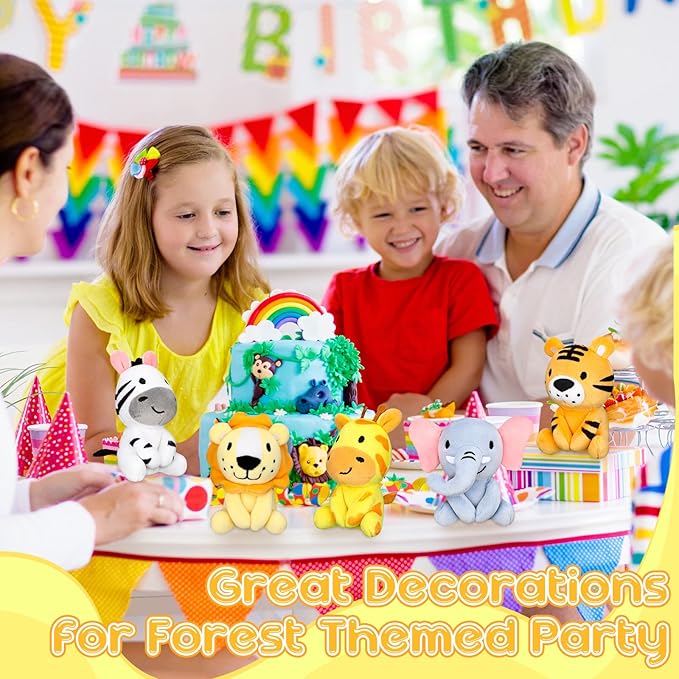Aoriher 6 Pcs Small Stuffed Animals, 4 Inch Mini Stuffed Woodland Safari Animals Including Lion, Giraffe, Elephant, Tiger, Hippo for Baby Shower, Birthday Party Decorations and Student Rewards(Lovely)