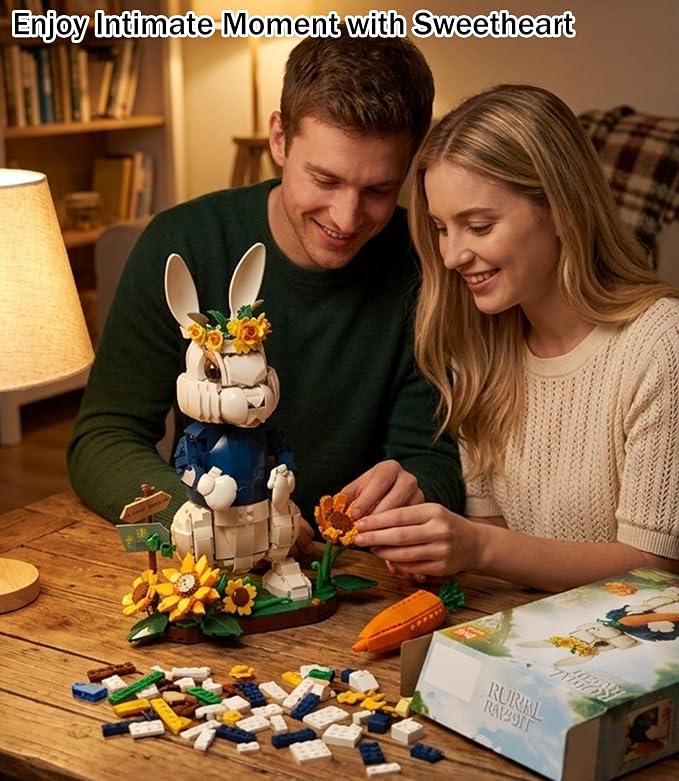 Wonderland Bunny Building Blocks Set, Compatible with Lego Flowers, Creator Cute Rabbit Toys with Carrot & Sunflower Display Base Creative Gift for Adults Home & Office Desk Decor (1258PCS)