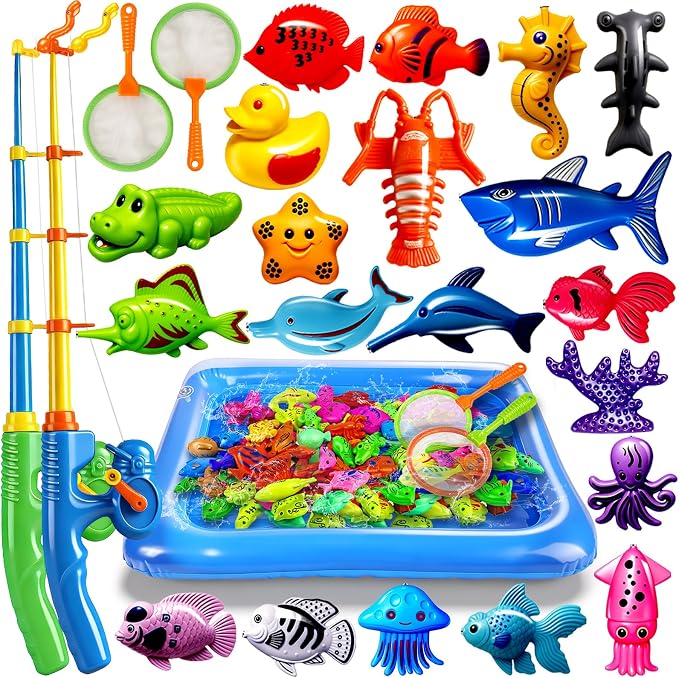 CozyBomB™ Magnetic Fishing Toys Game Set for Kids | Water Table Bathtub Kiddie Pool Party Pole Rod Net, Outdoor Plastic Floating Fish, Toddler Bath Color Ocean Sea Animals Birthday Gift Age 3-5 6 4-8