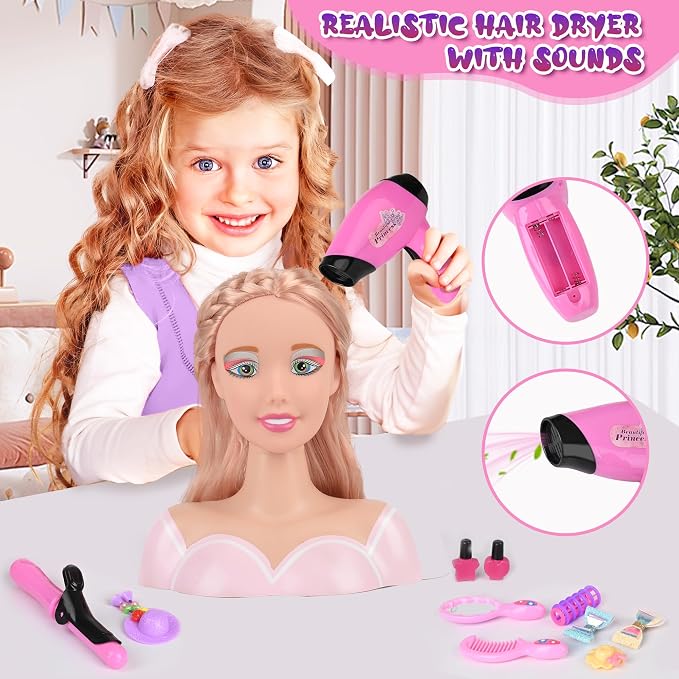 36PCS Doll Head Hair Styling Makeup Toy Set Kids Pretend Play Styling Set with Hairdryer Curling Iron Crown Accessories Beauty Stylist Kit Gifts for 3 4 5 6+ Years Old