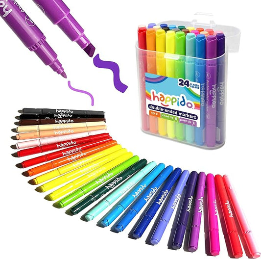 International Arrivals Double Sided Marker Sets for Kids Happido, Set of 24 Water Based Non Toxic Markers with Case, Great School Supplies, Art and Stationery Set