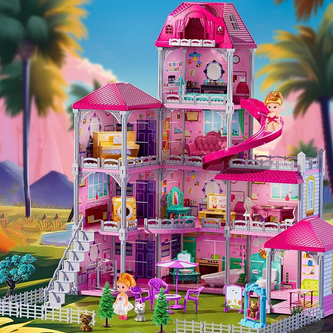 JUKUDAHU Villa Playset for Girls Ages 3-7, 4-Storey House with 10 Rooms, 2 Dolls, Furniture and Accessories, Indoor Playset Girls Toys for Ages 6-8, Pretend Toddler Toys, Birthday Gifts for Kids 4-8