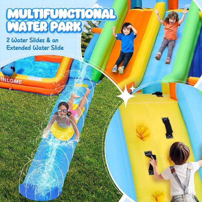 FINCOME Inflatable Water Slide Bounce House with Extend Long Splash Waterslide for Kids Backyard, Blow Up Bouncy Castle Park with 2 Water Pool, Basketball Hoop, Water Cannon for Indoor, Outdoor, Party