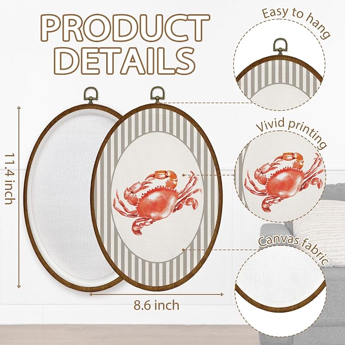WULQYING Coastal Beach Red Crab Wall Art Decor, Beach Nursery Oval Framed Canvas Art Prints, Neutral Striped Nautical Ocean Crab Wall Hanging Decor for Home Bedroom Kids Nursery Room, 8.6x11.4 Inches