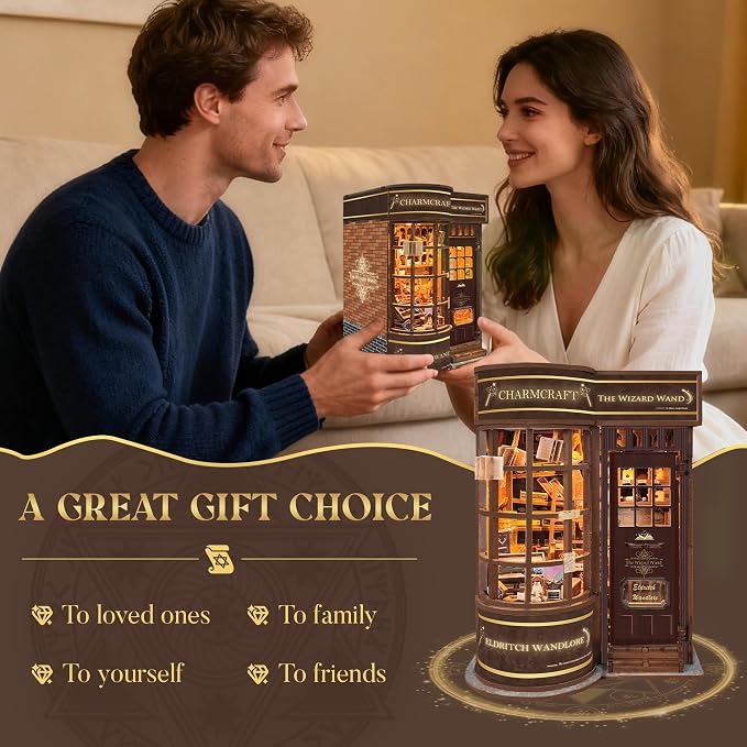 DIY Book Nook Kit,DIY Miniature Dollhouse kit,3D Wooden Puzzle Magic Bookend Bookshelf Insert Decor with Led Light,Gifts for Adults Teens and Beginners -Magic Wand Shop(SQ-51)