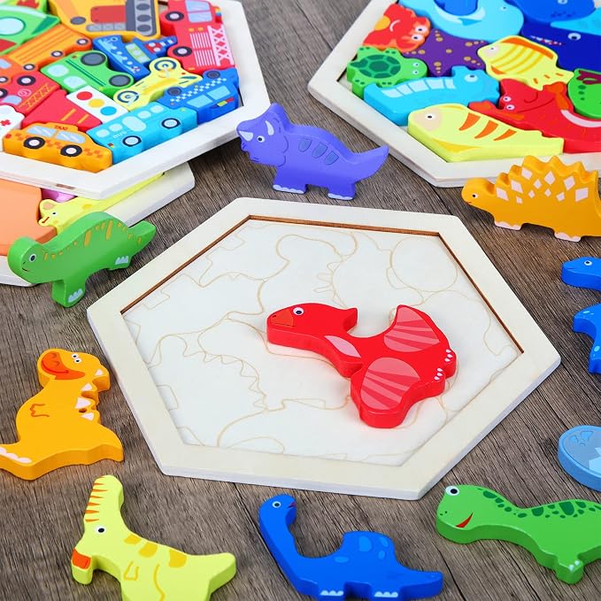 Jerify 5 Pack Wooden Tangram Puzzle for Kids Dinosaur Wooden Hexagon Puzzle Animal Block Teaser Geometric Shapes Fruit Tangram Games for Boys Girls Toddler 1-3 Jigsaw 3D Logic IQ Game Gift
