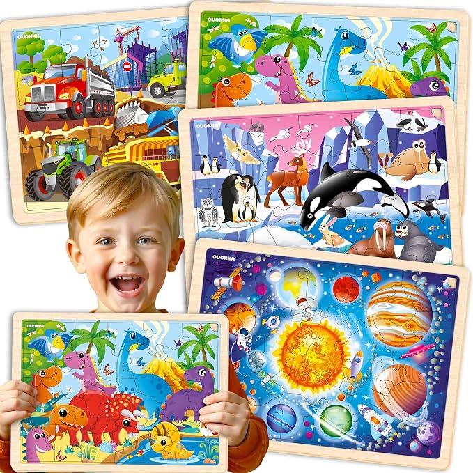 QUOKKA 4SET Puzzles for Kids Ages 4-6 - 36 Pcs Wooden Realistic Montessori Toddler Puzzles Ages 3-5 - Animals Dinosaurs Learning Games for Boys and Girls 4-8 Year Olds