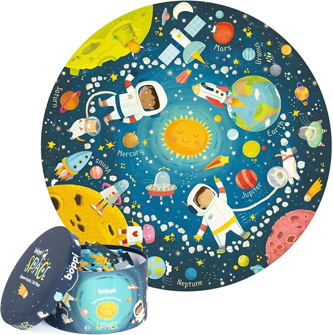 boppi Space Round Jigsaw Puzzle with 100% Recycled Card Solar System Astronauts 150 Pieces for Children 5 6 7 8 Years 58cm Diameter