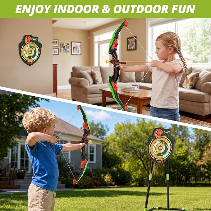 HYES Bow and Arrow for Kids, LED Light Up Archery Set with 12 Suction Cup Arrows, 1 Standing Target, 3 Score Targets & 1 Quiver, Indoor Outdoor Sport Gifts for Boys Girls Ages 4-12, Green