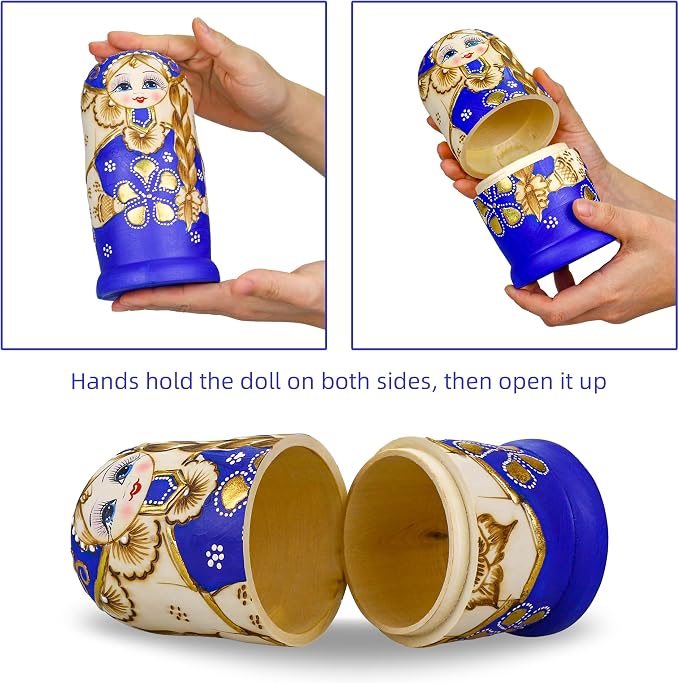 Starxing Russian Nesting Dolls Matryoshka Wood Stacking Nested Set 7 Pieces Handmade Toys for Children Kids Christmas Halloween Easter Mother's Day Birthday Home Room Decoration Gift (Blue)