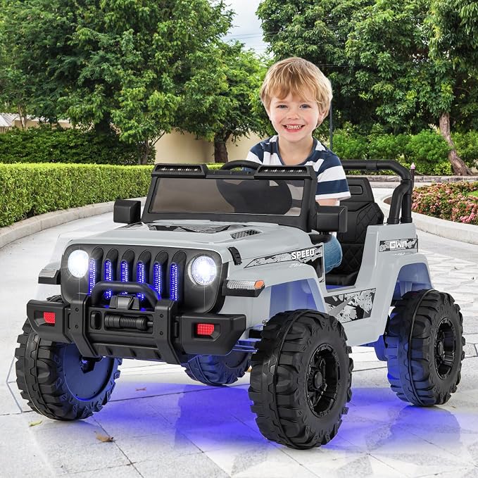 INFANS Ride on Truck Car, 12V Battery Powered Electric Vehicles with Parents Remote Control, 3 Speeds, Bluetooth Music Radio, LED Lights, Soft Start, 4 Wheels for Boys Girls Kids Toddler (Gray)
