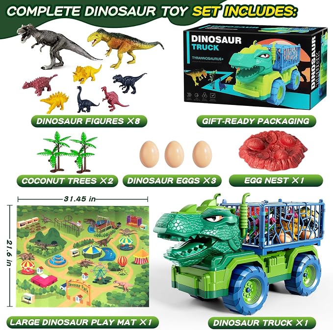 Dinosaur Cars Truck Toys for Kids 3-5 with 8 Dinosaur Figures, Activity Play Mat, Jurassic Play Set for Boys and Girls Ages 5-7