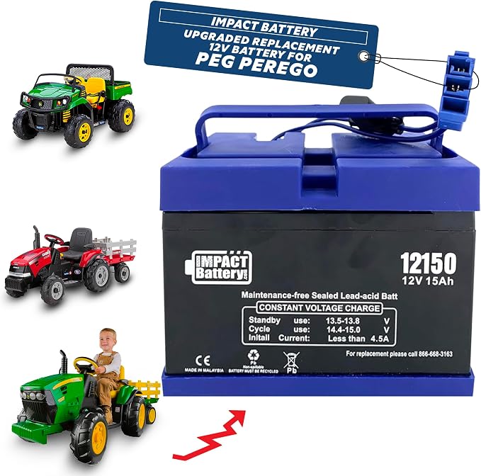 Impact 12V 15 Amp Battery Upgrade for Peg Perego John Deere Tractor Ride-on-Toys | Gator and Gauncho | Replace 12-Volt 12 Ah for Kids Tractor