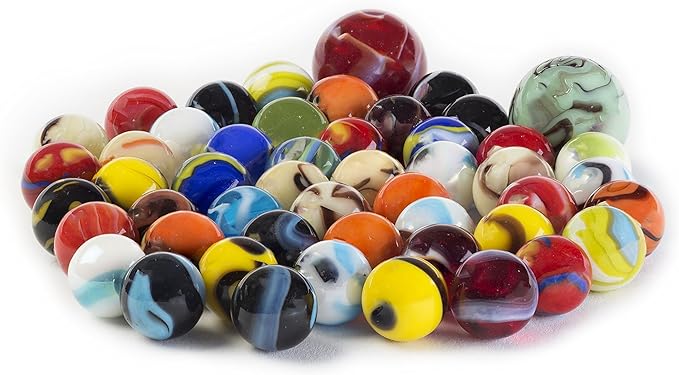 Ader Products Glass Marbles Bulk, Set of 50, (48 Players and 2 Shooters) Assorted Colors, Styles, and Finishes. Marble Games