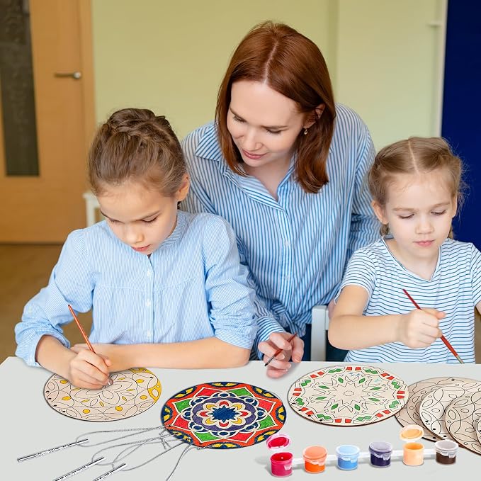 Silipull 24 Sets Mandala Wood Wind Chimes Craft for Kids Color Your Own Windchime DIY Unfinished Wooden Hanging Ornaments Coloring Wind Chime for Kids Gifts School Home and Party Supplies