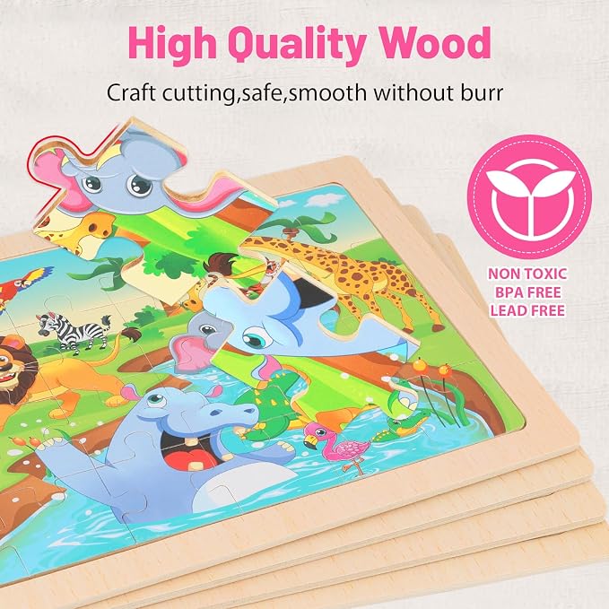 4-Pack Wooden Puzzles for Kids Ages 4-6, 24 Piece Animal Dinosaur Marine Farm Jigsaw Puzzles, Preschool Toddlers Learning Activity Puzzles Toys for Boys Girls 3 4 5 6 Years Old