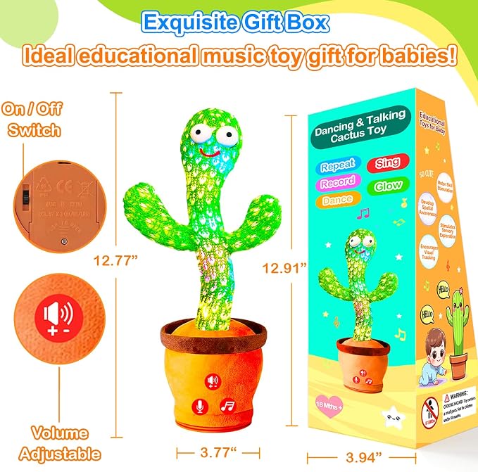 Baby Toys Interactive, Dancing Talking Cactus Toy Volume Adjustable, Singing Mimicking Repeating Recording, Funny Cactus Sings 50+ English Songs, Toys for Baby Toddler, 1 Year Old Gifts for Boys Girls