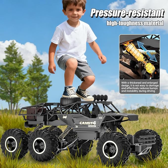 Jiakora Large Size RC Cars, Rock Crawler RC Truck with 2 Rechargeable Batteries, 6 Wheel Remote Control Monster Truck, Durable Metal Body & LED Headlights, Boy Toys for 4-7, 8-12 Kids & Adults