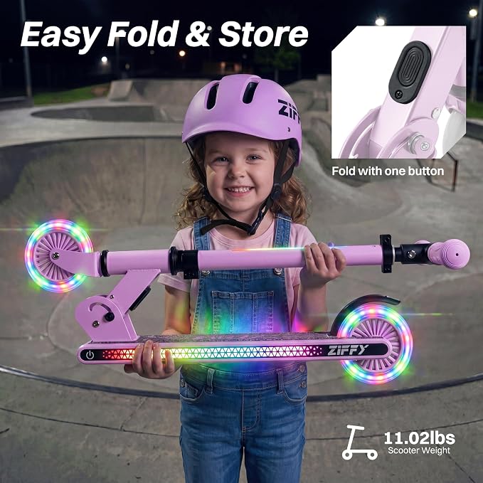 JOVA ZIFFY Light Up Scooter for Kids 3-12, 2 Wheel Foldable Kids Kick Scooter, 3 Adjustable Height, ABEC-7 Bearing with 4'' PU Wheels, Rear Foot Brake, Gift for Boys& Girls (Up to 110lb)