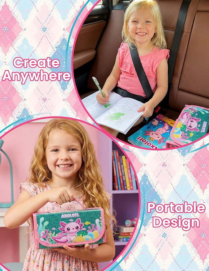 Defresit 129 PCS Washable Markers Set- Axolotl Gifts for Girls, Art Supplies for Kids with Glitter Pencil Case, Coloring Kits for Kids, Ideal Gifts for Birthday Christmas Back to School