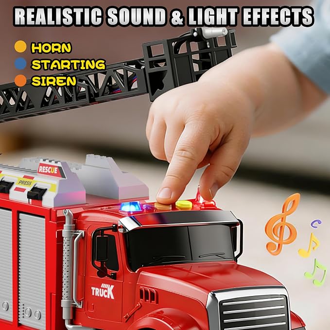 Inertial Drive Fire Truck Toy for 2 Year Old 27+'' Liftable Ladder/180° Rotatable Water Sprinkler , 6 Alloy Rescue Car Fire Trucks Playset, Light/Sound Firetruck Toys 3-5 Years Old w/Openable Carriage